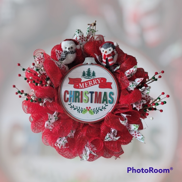Merry Christmas Wreath with Owls, Ribbon, and Colorful Wooden Ornament Sign - Picture 4 of 4